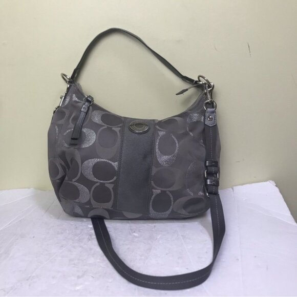 COACH Hobo Shoulder Crossbody Bag CC Silver Metallic Signature Leather Canvas - Picture 3 of 16